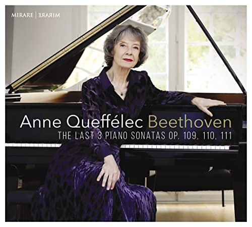 Anne Queffelec seated at a grand piano, album cover for Beethoven sonatas.