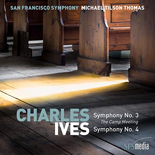 "CD cover with wooden pews and sunlight, featuring Charles Ives' symphonies."