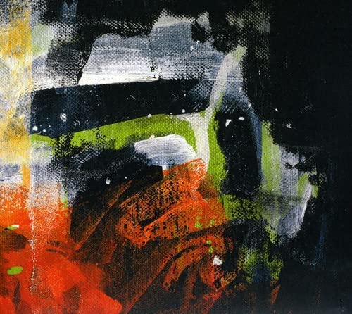 Abstract expressionist painting with bold red, green, black, and white brushstrokes.