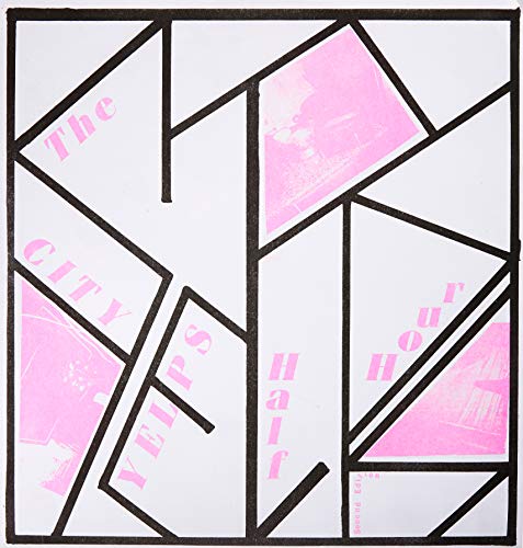 Square vinyl record cover with abstract pink and black geometric design.