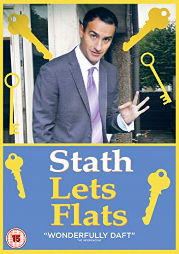 The DVD cover for "Stath Lets Flats" features a man in a grey suit.