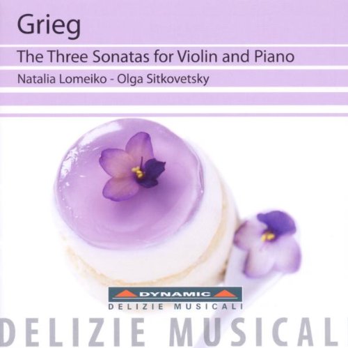 CD cover featuring a dessert with purple flowers, text reads "Grieg The Three Sonatas".
