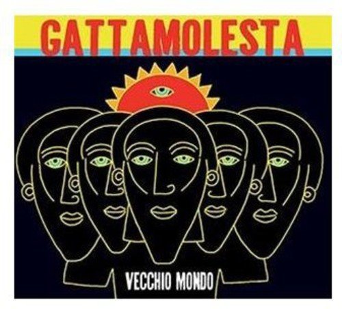 "Album cover with stylized illustration of five faces and a red sun."