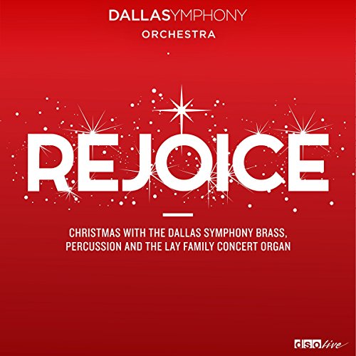 Red album cover with "REJOICE" in large white letters, surrounded by sparkles and dots.