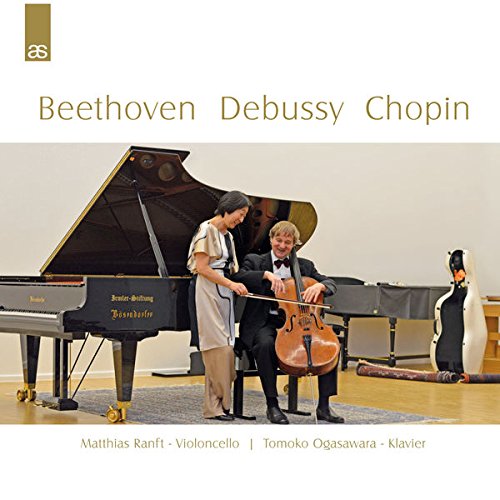 "CD cover featuring a cellist and pianist performing together on stage."
