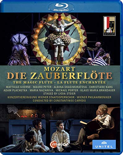 Blu-ray cover for Mozart's The Magic Flute featuring stage performance and cast information.