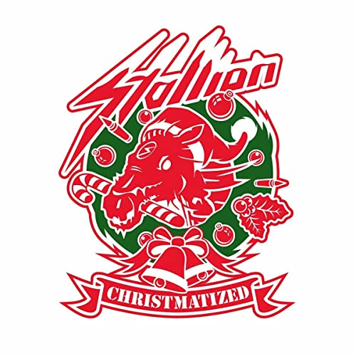 Red and green circular logo featuring a horse head with Christmas ornaments.