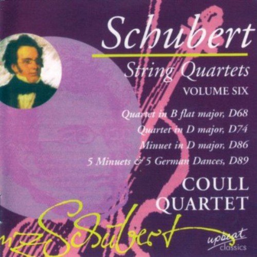 CD cover for Schubert String Quartets with portrait and musical notes on purple background.