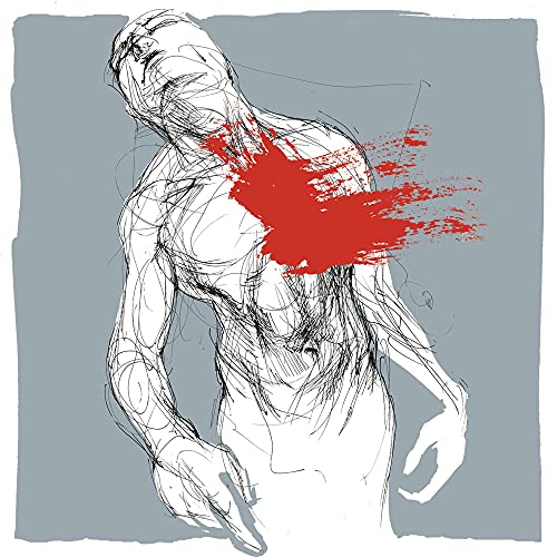 Sketch of a person with a red, bleeding wound on their chest.