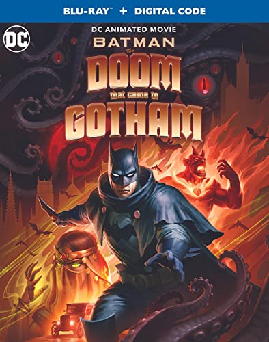 Batman stands against a gothic, monster-filled backdrop on Blu-ray cover.