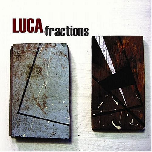 "Album cover with 'LUCA fractions' text and two abstract, geometric metal plates on white background."