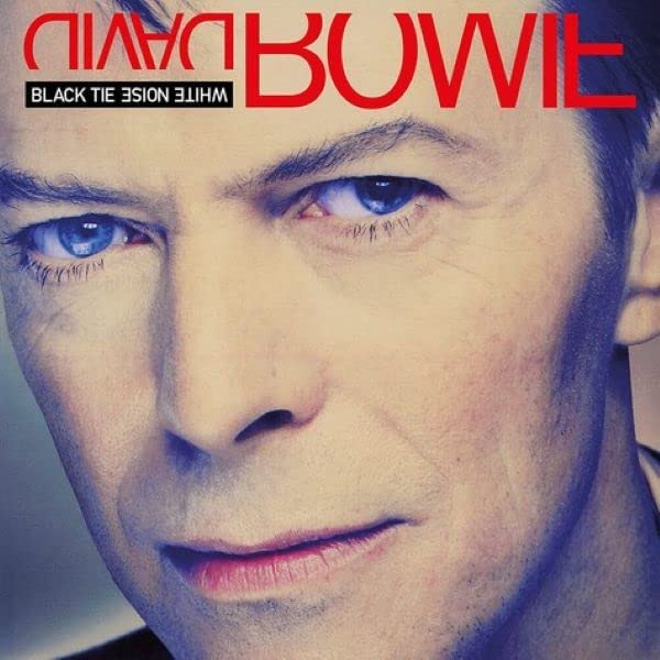 "David Bowie's album cover featuring a close-up of his face with red text."
