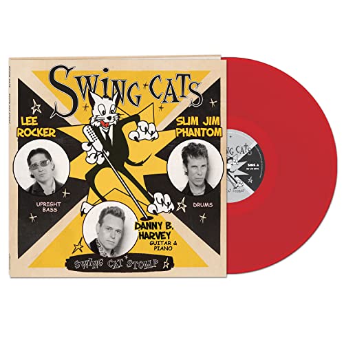 Vinyl record with yellow cover featuring cartoon cat and band photos.