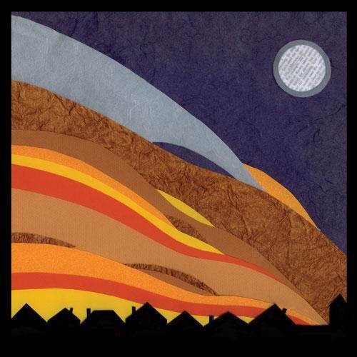 "Album cover with abstract hills, houses, and a moon against a dark blue background."