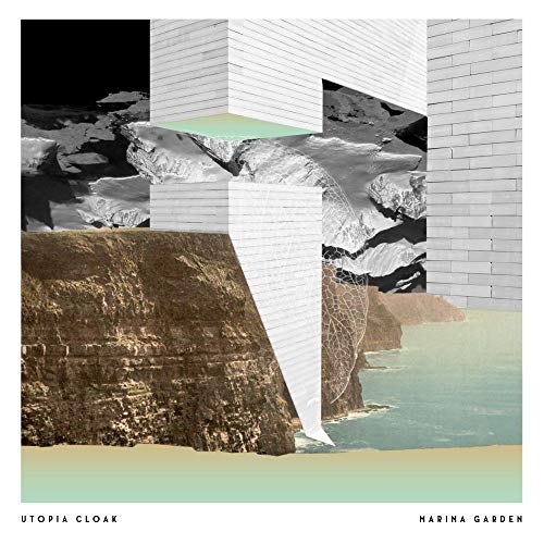 "Vinyl album cover with abstract collage of rocky coastline and white brick structures."