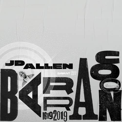 "Album cover for JD Allen's 'Barracoon' with large, distressed text on a grey background."