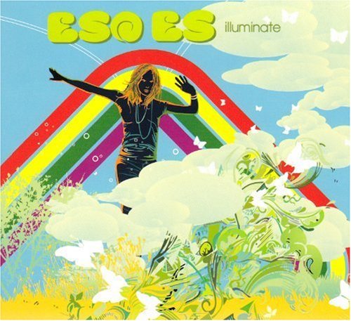 The image depicts a psychedelic album cover with a woman surrounded by rainbow and clouds.