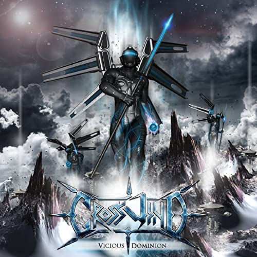 Sci-fi album cover featuring a winged, armored figure against stormy skies.