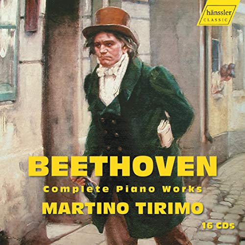 "CD cover featuring Beethoven in a green coat and top hat, yellow text."