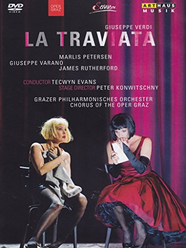 DVD cover for "La Traviata" featuring two women in formal attire on stage.