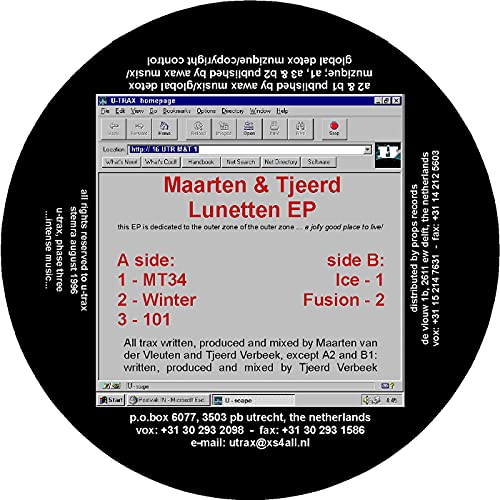 Vinyl record label featuring a 1990s computer browser window with tracklist and contact information.