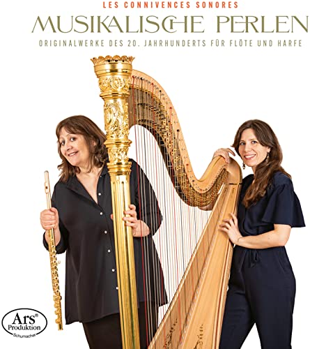 Two musicians with a flute and golden harp, CD cover art.