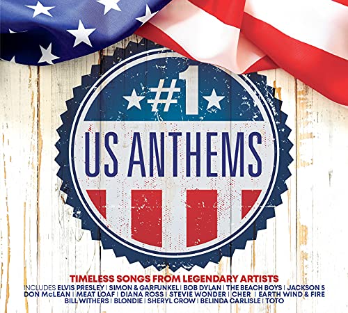 A CD cover featuring a US flag and "#1 US Anthems" logo on a wooden background.