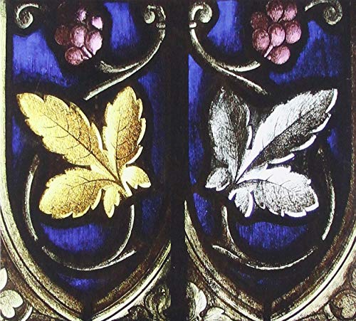 Blue background with gold, silver, and pink botanical stained glass details.
