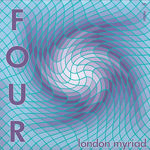 "Album cover with 'FOUR' in purple letters and swirling purple and teal pattern."