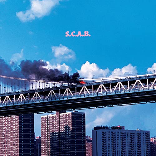 Album cover: a train on a bridge with city buildings below.