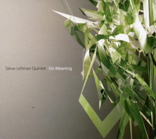 "Album cover with green origami shapes on gray background, titled 'On Meaning' by Steve Lehman Quintet."