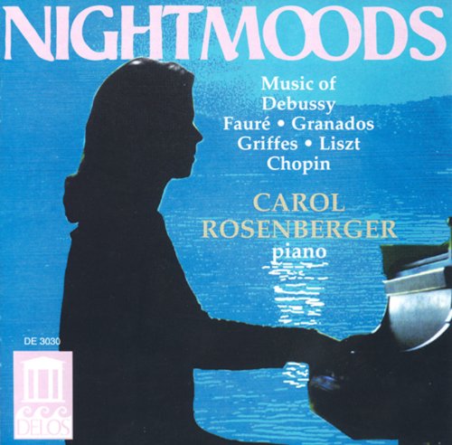 CD cover for "Night Moods" by Carol Rosenberger, pianist silhouette.