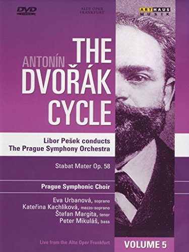 "DVD cover with a black-and-white portrait of Dvorak on a purple background."