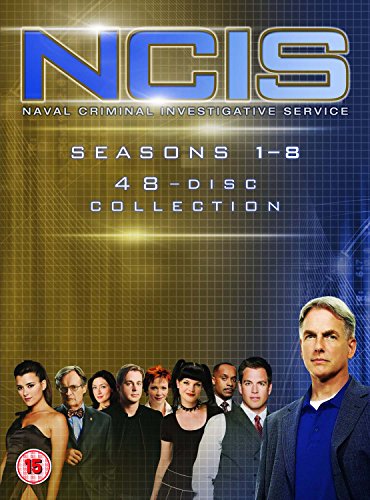 NCIS Seasons 1-8 DVD cover with cast photos and blue grid background.