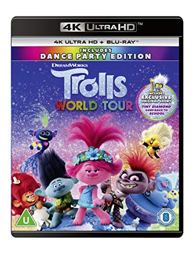 "Trolls World Tour" Blu-ray case featuring colorful cartoon characters on a purple background.