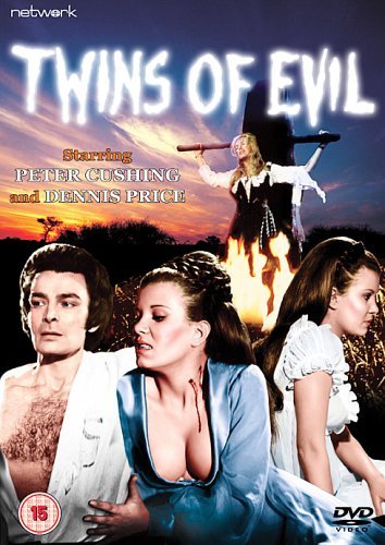 Twins Of Evil" DVD cover featuring actors and a burning stake scene.