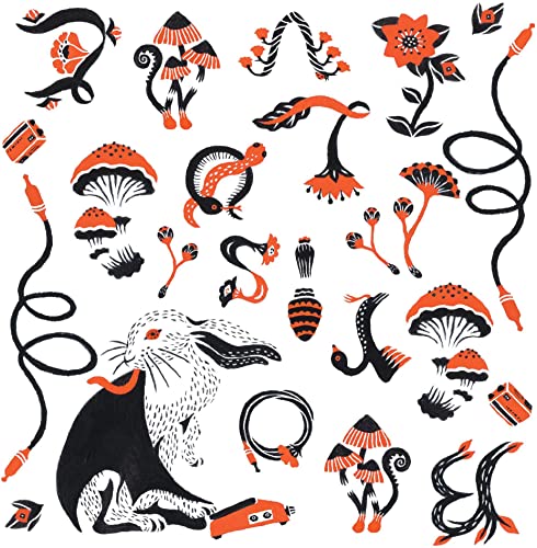 Album cover with black and orange illustrated mushrooms, rabbit, and cassette tapes.