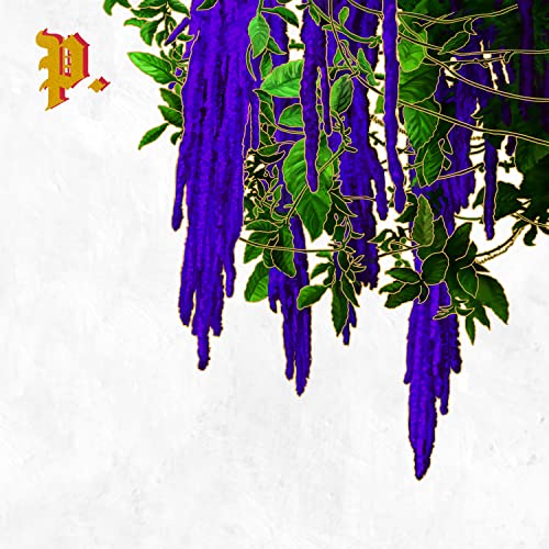 Vinyl album cover featuring purple wisteria and a gold "P" logo.