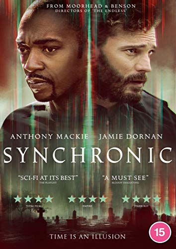 Synchronic" DVD cover featuring Anthony Mackie and Jamie Dornan, with a graveyard scene.