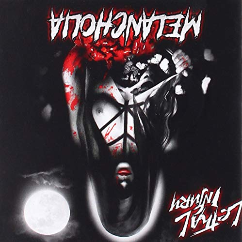 "Album cover featuring a black and white face with red splatters and bold text."