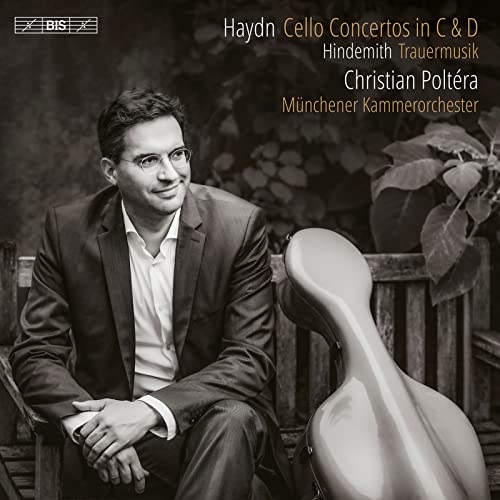 Cellist Christian Poltéra with cello, album cover for Haydn & Hindemith.