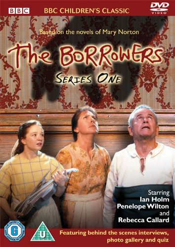 DVD cover for "The Borrowers" featuring three actors peeking from behind a wall.