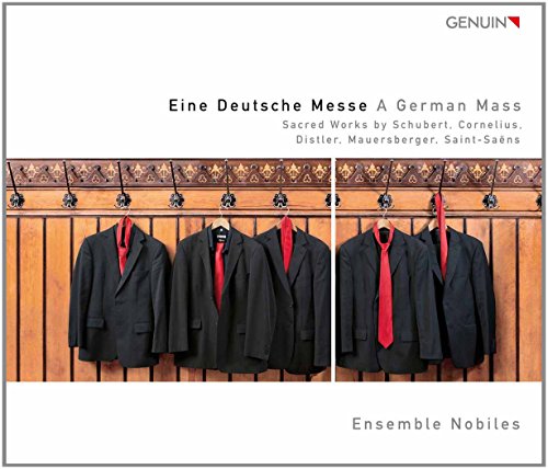"CD cover featuring six black suits with red ties hanging on a wooden wall."