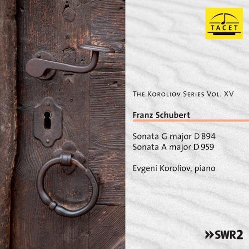 "CD cover with wooden door image and text listing Schubert sonatas and performer Evgeni Koroliov."