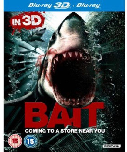 Blu-ray cover for “Bait” featuring a large, aggressive shark mouth.
