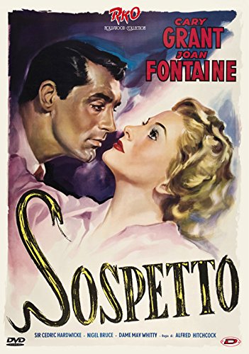 DVD cover for "Sospetto" featuring Cary Grant and Joan Fontaine in a close-up.