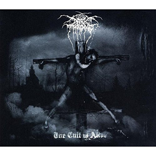 Darkthrone album cover featuring a crucified figure with guns, dark forest, and gothic text.