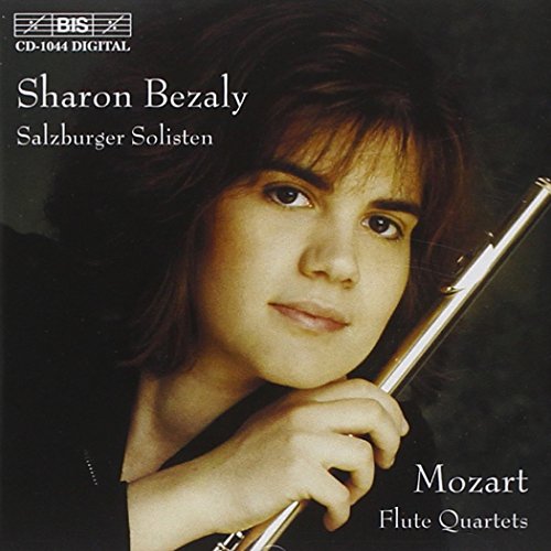 CD cover featuring a woman holding a flute, with text "Sharon Bezaly" and "Mozart Flute Quartets".