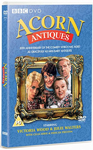 "Blue DVD case with 'Acorn Antiques' title and four actors in a gold frame."