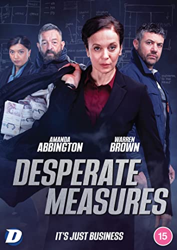 DVD cover art for Desperate Measures featuring four actors against a dark blueprint background.